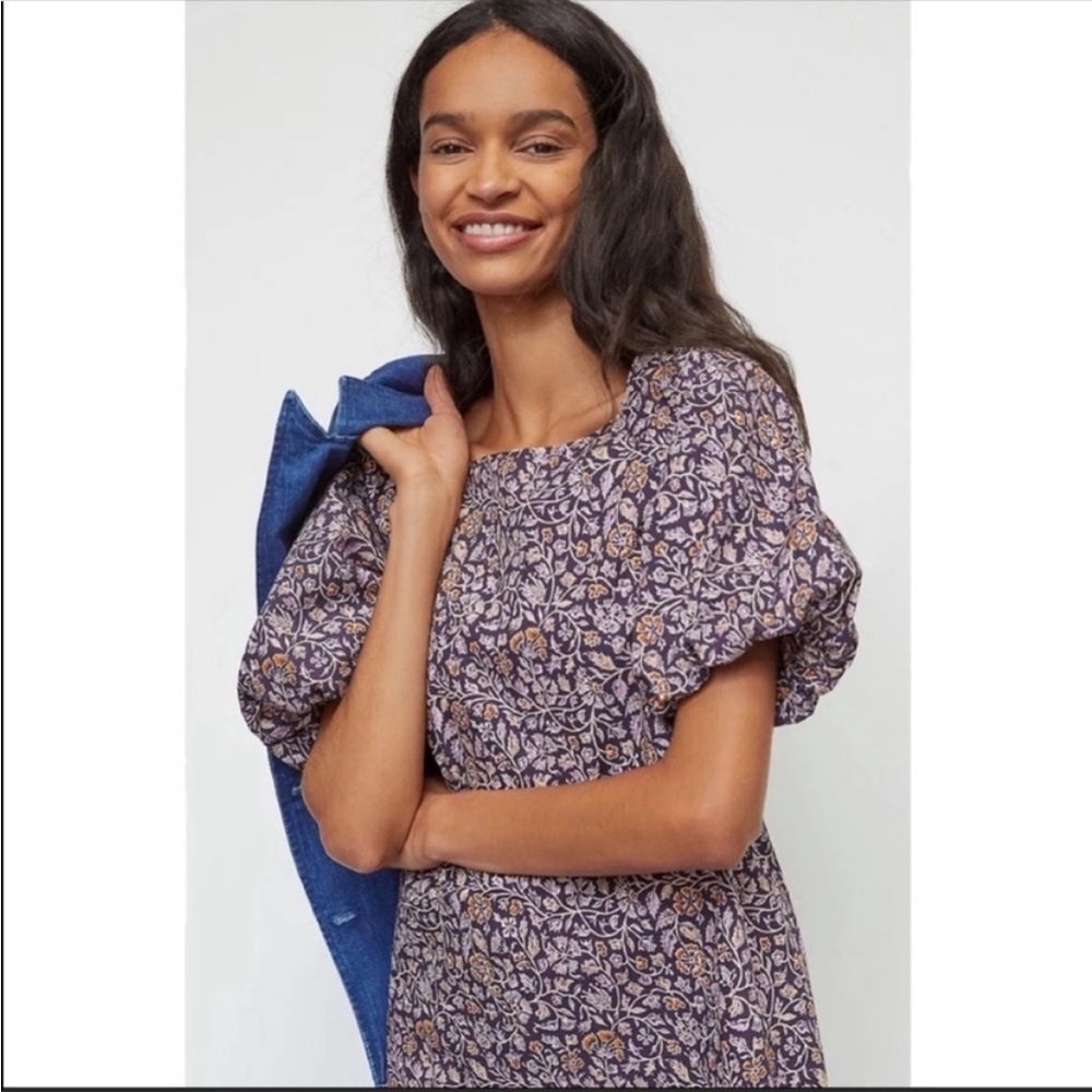 Anthropologie Porridge Elke Floral Mini Dress Puff Sleeve Square Neck Purple - Picture 5 of 7